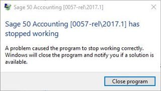 Error: “Sage 50 Accounting 2013 [0057-rel\rel2013.2] has stopped working.”