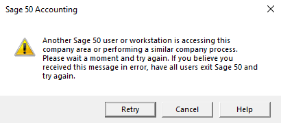 Sage 50 another sage 50 user or workstation is accessing this company