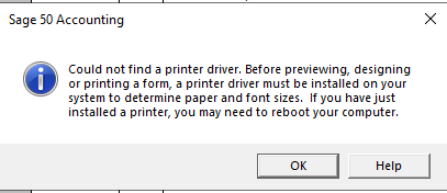 sage 50 error could not find a printer driver