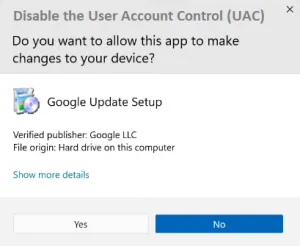Disable the User Account Control